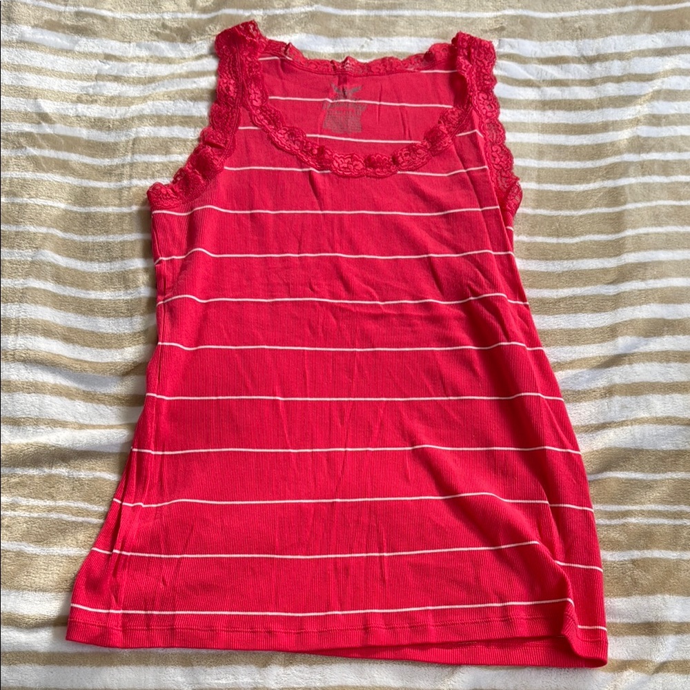 Pink & Navy Lace Trim Striped Women's Top